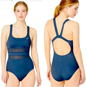 Nike Women's One Piece Standard Mesh Solid Edge V-Back Swimsuit Navy Blue